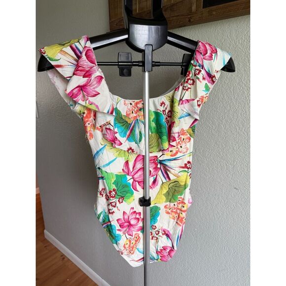 La Blanca Bora Bora Tropical Floral Off-The-Shoulder Ruffle One Piece Swimsuit 4 - Picture 3 of 5